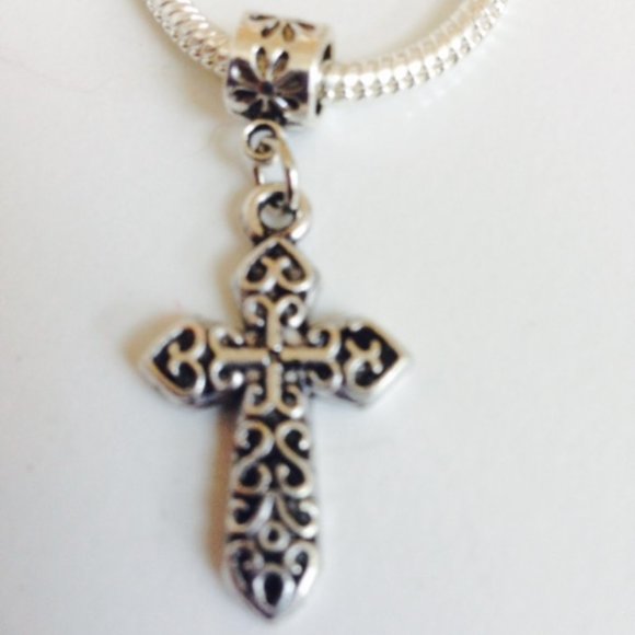 “CROSS” Sterling Silver Plated Dangling Charm For European Style Charm Necklace - Picture 1 of 3